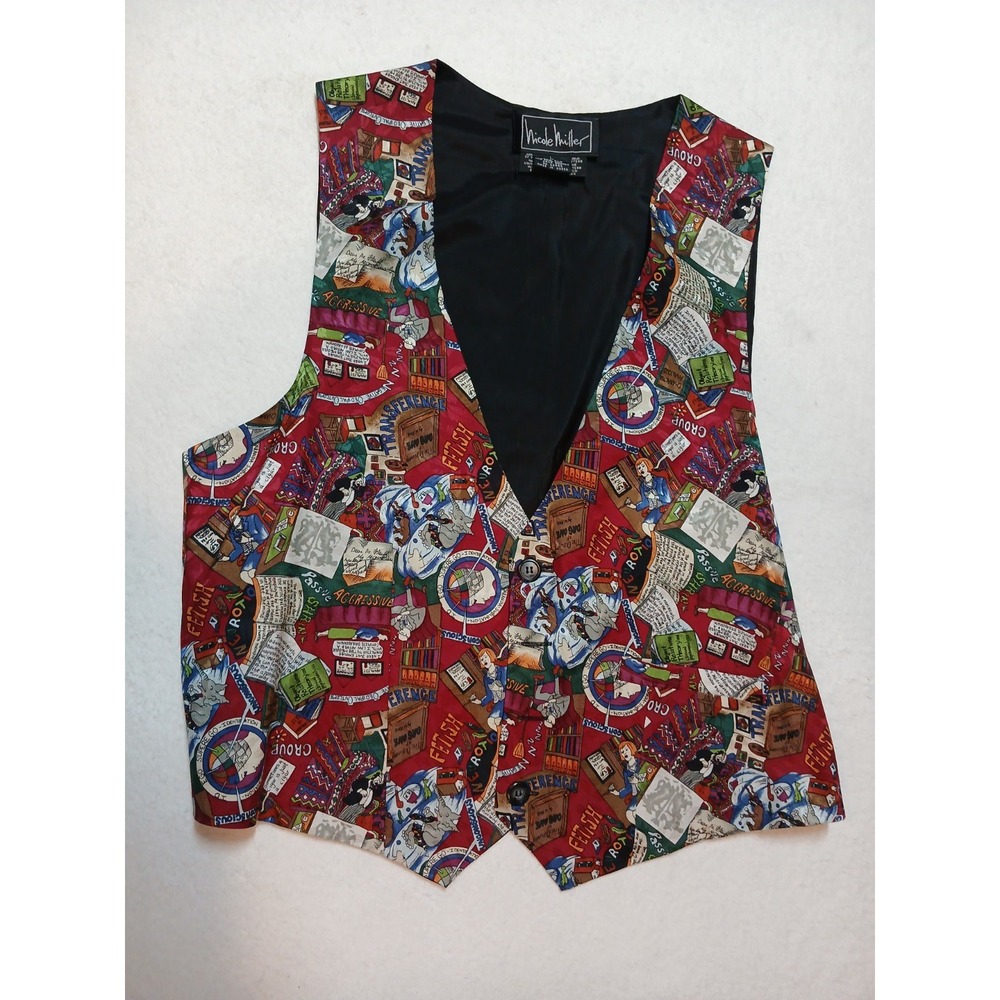 Vtg 1993 Nicole Miller Silk Vest Womens L Psychology Therapy Novelty Print 90s